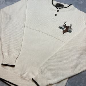 Vtg Cedar Falls Mens Henley Sweater Sz M Ivory Waffle Knit Deer Elk‎ Hunting USA